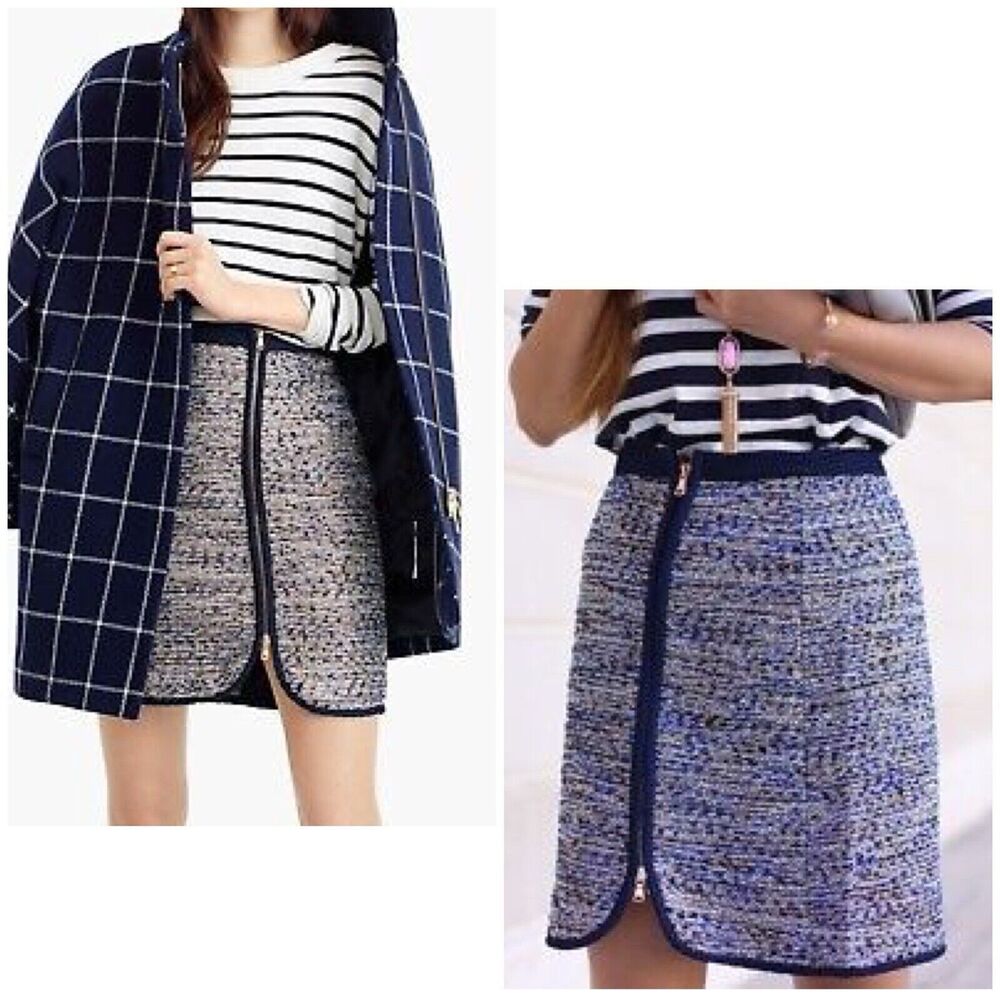 J. Crew Metallic Tweed Gold Navy White Tweed Zip Mini Skirt Lined, Size 00